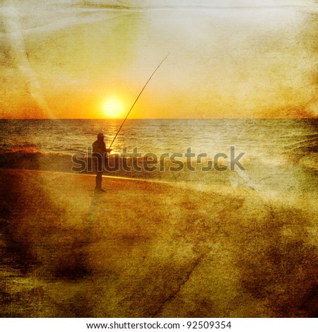 sunset picture of an angler at the atlantic coast with antique paper texture