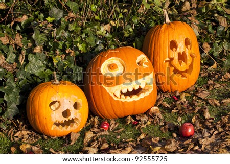 three orange halloween pumpkins