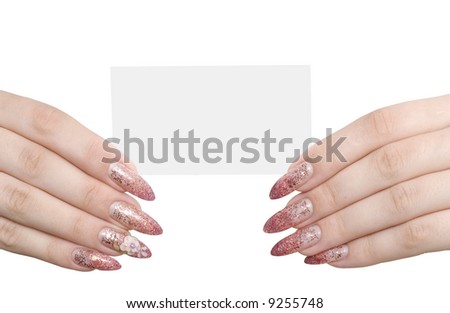 business card in womam hand isolated over white background