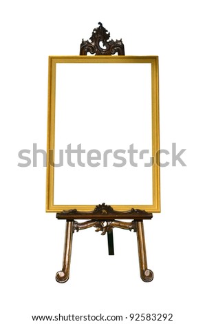 Vintage gold picture frame with wooden easel isolated on white background