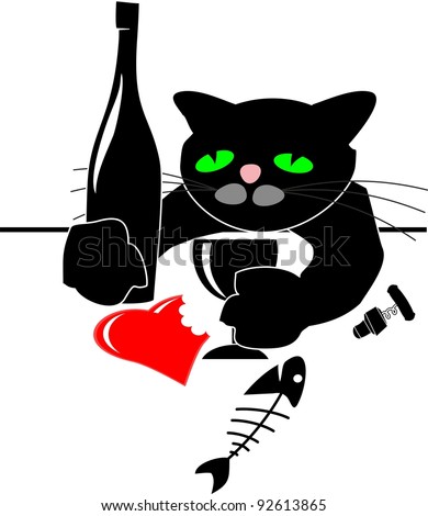 Drunken black cat with red heart, wine bottle, fish and glass at table -  comic illustration isolated on white background, Valentines Day. Avatar