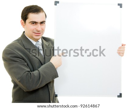 A businessman with a white board on a white background.