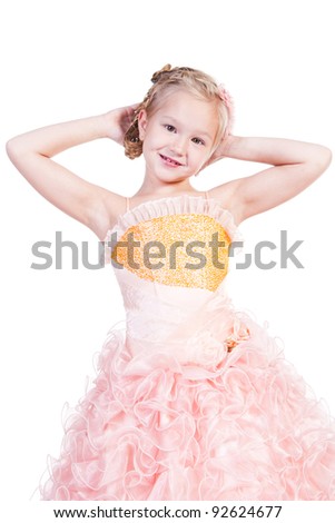 Beautiful Girl In Pink Evening Dress Isolated On White