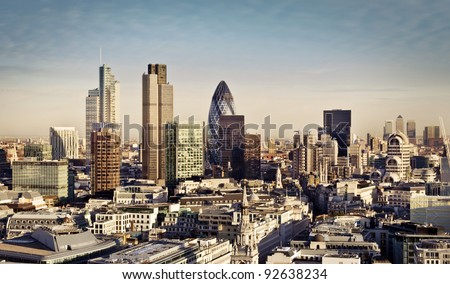 City of London one of the leading centers of global finance and Canary Wharf at the background. Royalty-Free Stock Photo #92638234