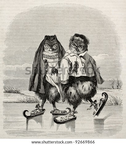 Ice skaters owls fanciful old illustration. After old Dutch print, published on Magasin Pittoresque, Paris, 1845