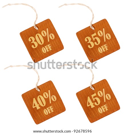 wooden sale discount tag isolated on white background