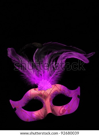 Fancy Purple / Pink Feathered Mask isolated on a black velvet background