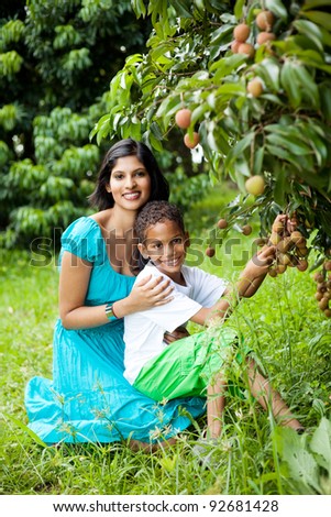 happy indian mother and son picking lychees together