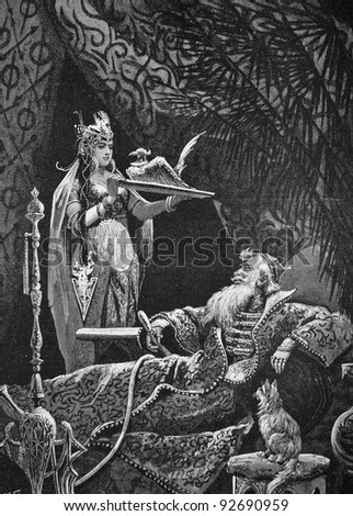  Tsar Saltan and his princess. Engraving on steel by Shyubler from picture by painter Solomko. Published in magazine "Niva", publishing house A.F. Marx, St. Petersburg, Russia, 1893