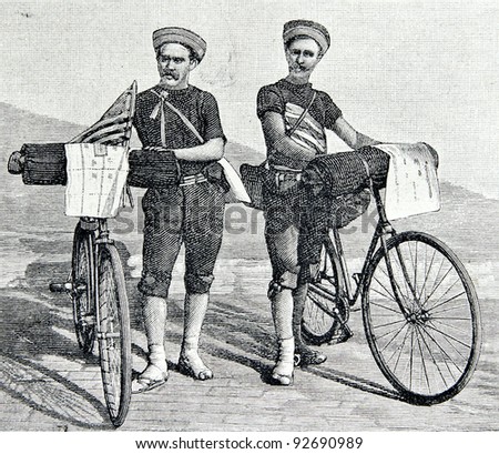 American cyclists traveling through Europe and Asia. Engraving by Helmitsky. Published in magazine "Niva", publishing house A.F. Marx, St. Petersburg, Russia, 1893