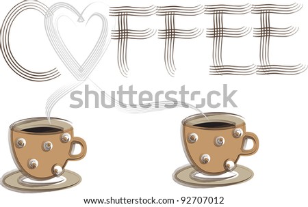 creative computer graphic design,two coffee cups and the word coffee made of smoke isolated on white background,advertising vector background