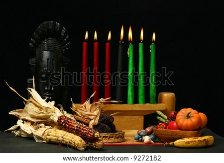 Kwanzaa display with candles lit