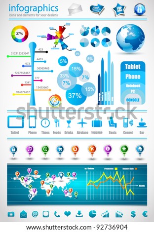 Premium infographics master collection: graphs, histograms, arrows, chart, 3D globe, icons and a lot of related design elements.