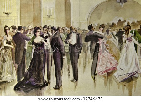 Aristocratic banquet.  Illustration by artist Zahar Pichugin from book "Leo Tolstoy "Anna Karenina", publisher - "Partnership Sytin", Moscow, Russia, 1914. Royalty-Free Stock Photo #92746675