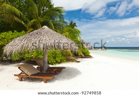 Beautiful tropical paradise in Maldives with coco palms hanging over the white and turquoise sea. Parasol is in the front.