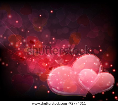 Two transparent hearts on an abstract sparkling background. Valentine's Day romantic background.