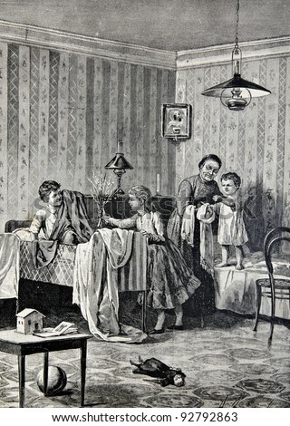 "Palm sundays" (religious holiday in Russia).Engraving by Pyastushkevich from picture by painter Zemtsov.  Published in magazine "Niva", publishing house A.F. Marx, St. Petersburg, Russia, 1893
