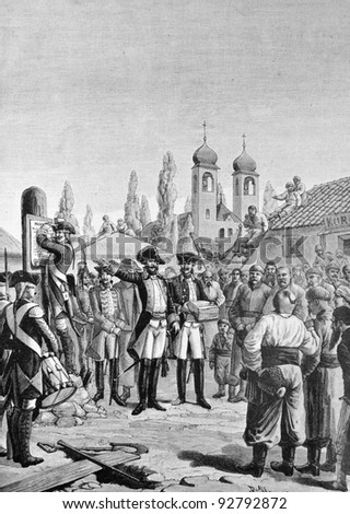 Accession of Volyn and Podolia to Russia. Engraving by Shyubler from picture by painter Steyn . Published in magazine "Niva", publishing house A.F. Marx, St. Petersburg, Russia, 1893