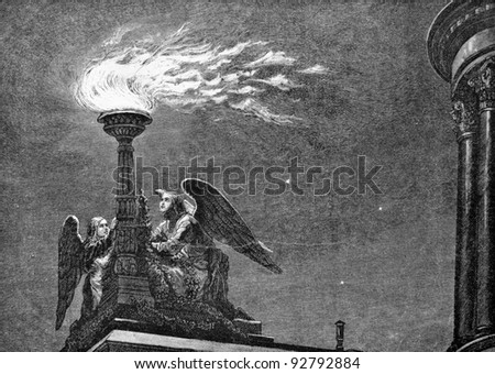 The paschal fire. Engraving by Multanovsky from picture by painter Stein . Published in magazine "Niva", publishing house A.F. Marx, St. Petersburg, Russia, 1893