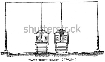 tram with above-ground wires  - an illustration of the encyclopedia publishers Education, St. Peterburg, Russian Empire, 1896