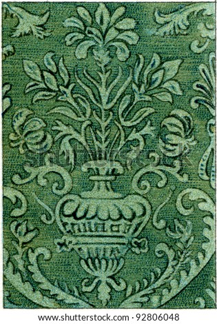 The pattern on the velvet fabric (17th century). Publication of the book "Meyers Konversations-Lexikon", Volume 7, Leipzig, Germany, 1910