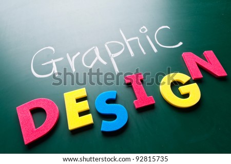 Graphic design concept, colorful words on blackboard.
