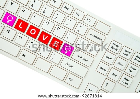 Wording Love on computer keyboard isolated on white background