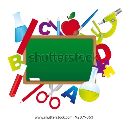 chalkboard with school elements isolated over white background. vector