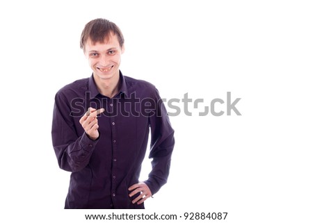 Happy ugly nerd man gesturing, isolated on white background.