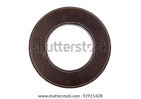 stylish round brown leather photo frame isolated white background.