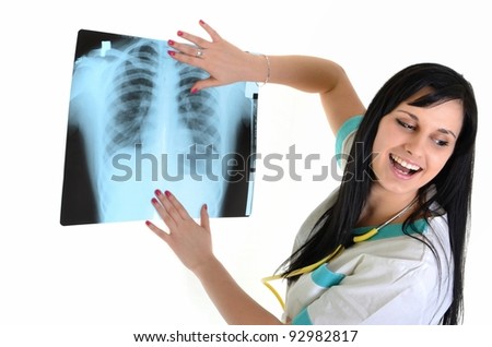 Female doctor checking xray image, isolated on white background.