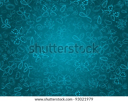 Seamless doodle floral texture. Background with flower and butterflies on blue backdrop. EPS8
