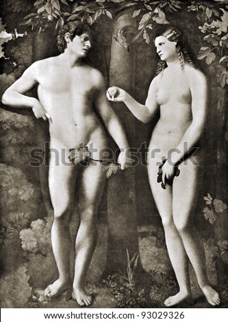 Jacopo d'Antonio Negretti (1480 - 1528) "Adam and Eva". Reproduction from illustrated Encyclopedia "Treasures of art", Partnership «Prosvesheniye», St. Petersburg , Russia , 1906 Royalty-Free Stock Photo #93029326