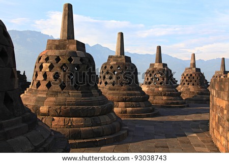 Architecture Borobudur Temple Stupa Row in Yogyakarta Java Indonesia.