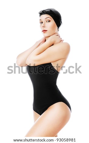 swimmer woman in black swimwear on white background