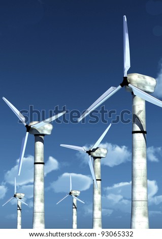A picture illustration of wind power turbine with beautiful sky background