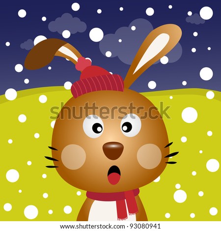 Brown rabbit with snow in the forest