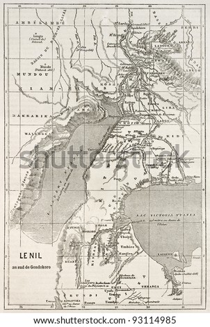 Alberta and Victoria lakes region old map, Nil river south of Gondokoro.  Created by Erhard, published on Le Tour du Monde, Paris, 1867