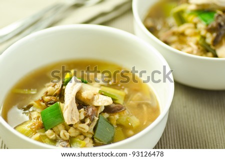 cock-o-leekie soup cooked and ingredients Royalty-Free Stock Photo #93126478