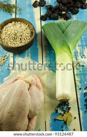 cock-o-leekie soup cooked and ingredients Royalty-Free Stock Photo #93126487