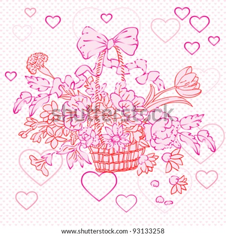 valentine rococo basket over shiny texture with pink hearts