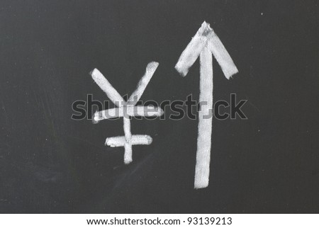 the symbol of RMB and Rising up arrow on a blackboard