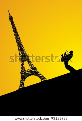 Jazz trumpeter in Paris. Vector illustration. Music concept for poster, banner, billboard or web site. Jazz flyer with copy space. Graphic card with place for text.