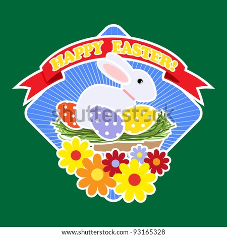 Label by Easter: a rabbit, eggs, flowers