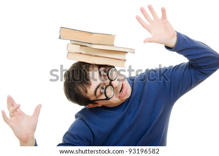 Student in glasses with a book on her head on white background