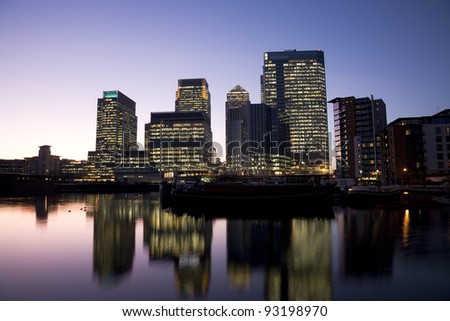 Office skyscrapers in Canary Wharf at Night. Canary Wharf is the main financial district at London