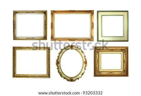 Six golden picture frames isolated on white background