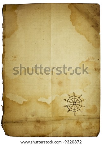 Folded stained patched with sticky tape vintage paper with steering-wheel symbol in corner. Conceptual sea paper background, isolated with clipping path