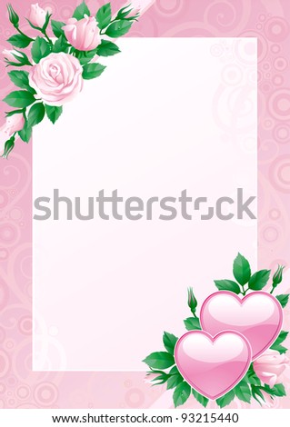 Vector valentines card. Hearts and pink roses on ornate background.