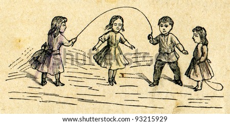 children jumping rope - illustration to the book by A.Kruglov, "Games and fun for the kids," publisher A. Stupin, Moscow, Russian Empire, 1917